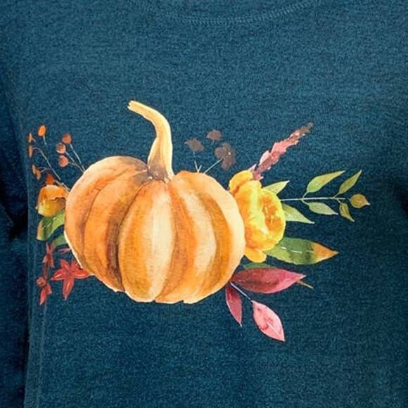 Hand Printed Upcycled Small Pumpkin Autumn Flower Bouquet Long Sleeve Sweater - Picture 2 of 3